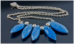 Silver Necklace, Set With Five Faceted Marquise Shaped Blue Stones Between Silver Baubles, Marked