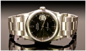 Rolex Oyster Perpetual Date Just Brush Steel And Black Dial Gents Wrist Watch. Date 2000. Serial