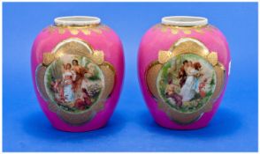 Pair Of Bohemian Ovoid Shaped Vases, Pink Ground, Each With Printed Panels Showing Classical Garden