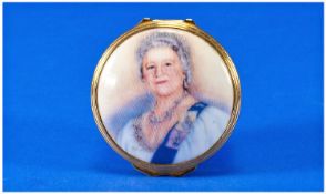 Royal Worcester Queen Mother Transfer Printed Circular Lidded Pill Box. Diameter 2 Inches.