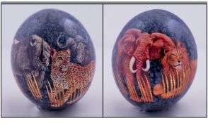 Large Ostrich Egg, hand painted around all 360 degrees with wild African animals.