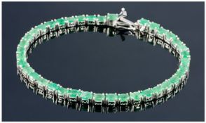 Silver Emerald Tennis Bracelet, Set With Oval Cut Emerald Coloured Stones, Fully Hallmarked, Length