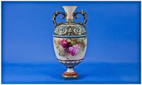 Hadleys - Worcester Fine Two Signed Handled Vase. ` Roses ` Stillife. Signed Mabel Lander. c.1890`