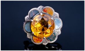 Scottish Silver Set Large Citrine Faceted and Agate Brooch. Hallmark Glasgow 1959. Makers Mark R.A.