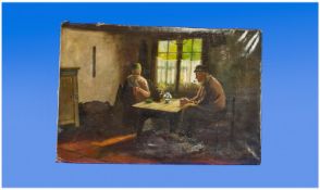 19th Century Dutch Interior Oil On Canvas, unframed. Signed to the lower right `Moot Vapkenburg`.