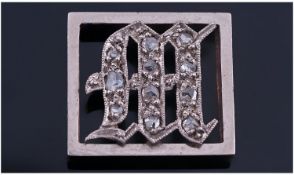 Victorian Square Shaped Initial M Slider Pendant. Platinum set with 11 rose cut diamonds, rub over