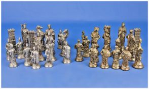 Set Of Silver & Gold Coloured Detailed Chess Pieces.