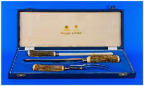 Mappin & Webb Three Piece Carving Set, Antler Horn Handles, Complete In Silk Lined Fitted Box,