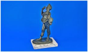 Spelter Figure of a Newspaper Street Vendor, the boy, dressed in open shirt and loose three-quarter