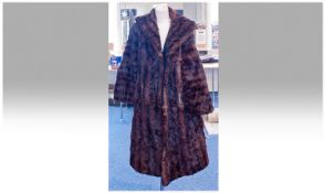 Coney Mink-Style Full Length Coat, deep shawl collar, horizontal skin sleeves, slit pockets, hook