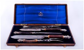 Mappin And Webb Fine Boxed Five Piece Steel Carving Set, with ornate silver mounts and horn