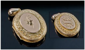 Late 19thC Gold Locket, Of Oval Form, The Hinged Front Set With Three Rose Cut Diamonds, Chased And