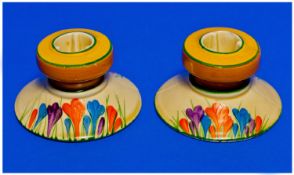 Clarice Cliff Pair Of Squat Candlesticks `Autumn Crocus` Design. Date 1928. Bizarre Range. Each 2.