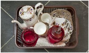 Three Pieces of Cranberry Glass together with Staffordshire Coffee Set `Golden Bramble comprising
