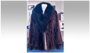 Rich Dark Chocolate Brown Mink Short Jacket with luxurious black fox collar with revers, lined in