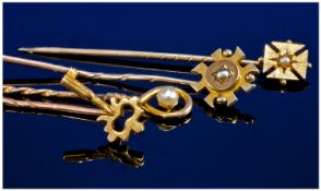 Four Antique Stick Pins, Three Set With Seed Pearls, One Hallmarked For 15ct.