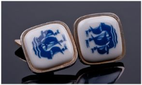 A Substantial Quality Pair of Danish Silver and Porcelain Cufflinks. Rounded square shape depicting