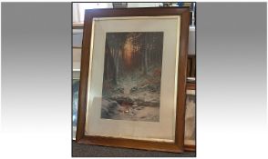 A Large Framed Coloured Print by Frost and Read, London. Depicting a Wooded Winter Scene With