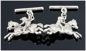 Pair Of Gents Of Silver Cufflinks, Modelled In The Form Of Horse And Rider, Complete With Box