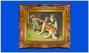 Oil On Canvas Depicting Children Playing With A Dog. Unsigned. Gilt Frame. Size 28.75 x 25 inches.