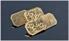 Pair Of Gents 9ct Gold Cufflinks, Of Rectangular Form With Canted Corners, Engraved Scroll Design