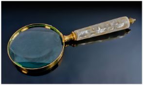 Large Hand Held Magnifying Glass, With Mother Of Pearl Handle, Length 10 Inches