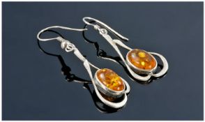 Pair Of Silver Amber Set Drop Earrings, Unmarked, Complete With Box.