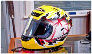 Signed Yellow Steve Hizzy Hislop Helmet, Size XS, Signed To Back  In Black `Steve Hislop #1` In