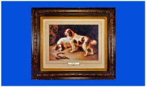 Dog Print titled `Brittany Spaniels` by Geo W Horlor. Period Frame. Overall Size 26 by 22 inches.