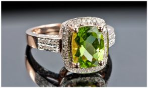 14ct Rose Gold and Diamond Ring Set with a Cushion Cut Peridot approx 3.20ct. Diamonds approx 0.