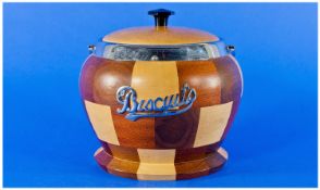 Wooden Chequerboard Pattern Biscuit Barrel, chrome rim and swing handle, with chrome script `