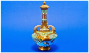 Royal Worcester Hand Painted Dolphin Handled Lidded Vase. ` Acorns ` Date 1902. Height 8.25 Inches.