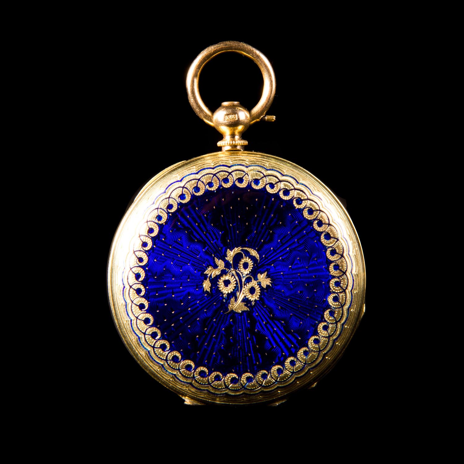 ????? 18 Karat Yellow Gold and Enamel Keywound Hunter Case Pocket Watch, F. Huguenin ????? 18