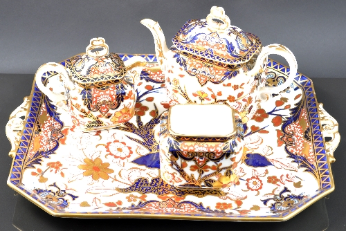 Derby Crown porcelain cabaret set, Imari pattern, comprising a rectangular shape bachelors tea