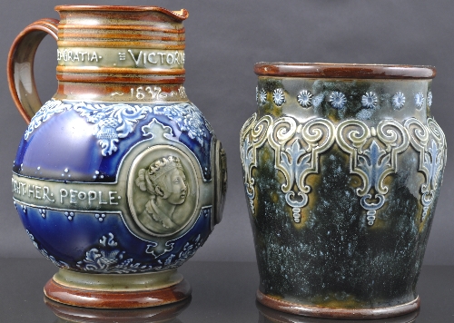 Royal Doulton stoneware commemorative jug, Diamond Jubilee of Queen Victoria, 19cm and a Doulton
