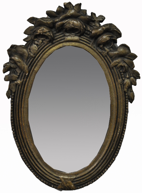 Oval composition wall mirror, bevelled plate, floral cresting, 42cm x 31cm and a walnut framed