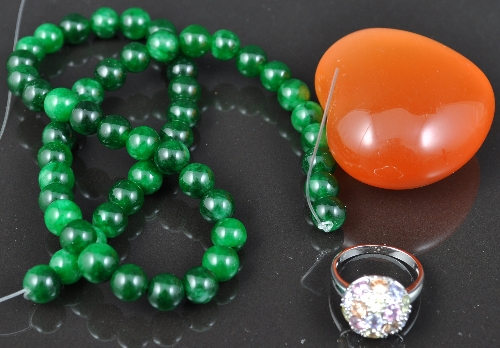 Small collection of natural emeralds, a Nephrite bead necklace, jadeite necklace etc.