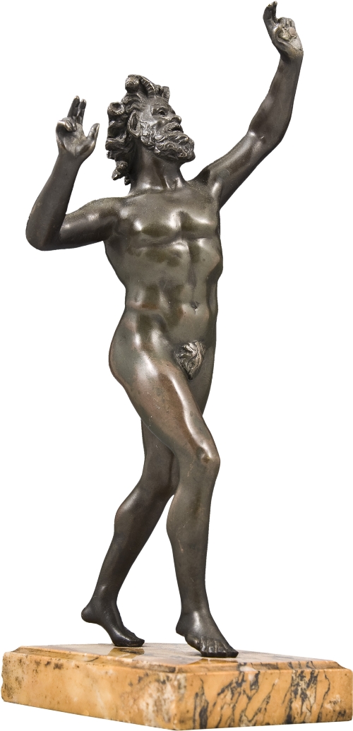 After the Antique
"The Dancing Fawn"
dark patinated bronze figure on Sienna marble plinth, 35cms.