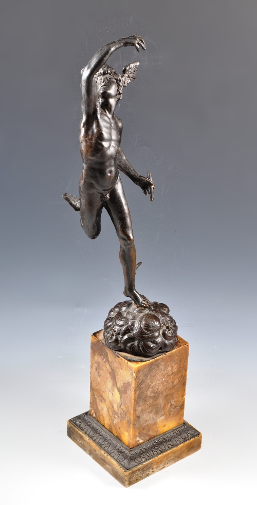 After Gianbologna
"Mercury", bronze figure,
dark patination on a  square section marble base, with a