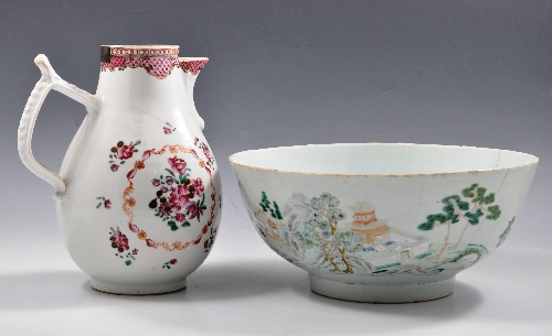 Chinese export porcelain pear shape jug, probably Qianlong, restored, 20cm and three rose bowls (