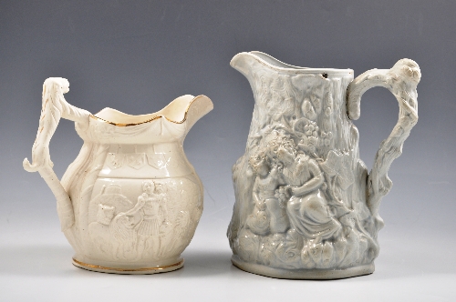 Victorian salt glazed stoneware jug, buff coloured moulded floral decoration on a trellis 16cm and