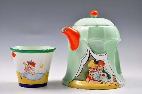 Shelley bone china Holiday Time novelty tea set, designed by H Cowhan, comprising a tent designed