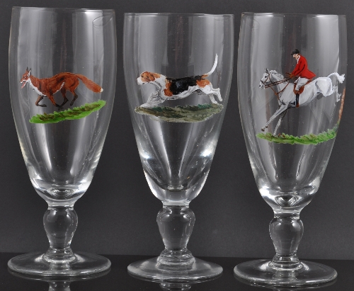Hunting Interest:  A set of ten pedestal ale glasses, three with enamel decoration of huntsman,