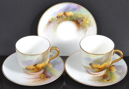 A set of six Royal Worcester cabinet cups and saucers, date mark for 1911, painted with sheep on