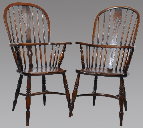 A Victorian elm and ash high-back Windsor chair, pierced splat, narrow arms, solid seat, turned legs