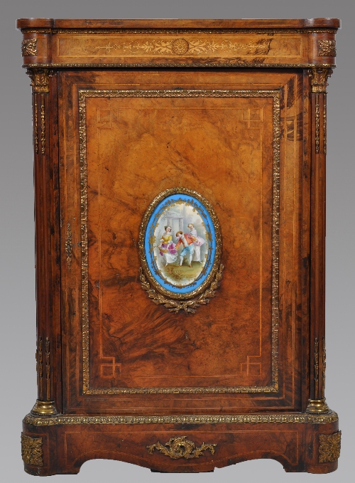 A Victorian burr walnut and marquetry vitrine, with banding and stringing, gilt metal appliques, the