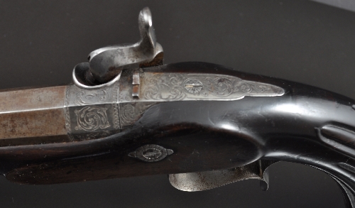 A Belgian percussion pistol, early 19th Century, 26cms, octagonal barrel, No. 602, engraved steel - Image 3 of 3