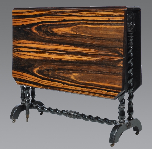 A Victorian coromandel Sutherland table, large rectangular leaves with canted corners, ebonised