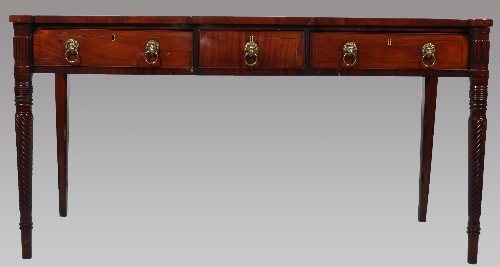 A Regency mahogany breakfront servery, rounded corners, fitted with three frieze drawers, each