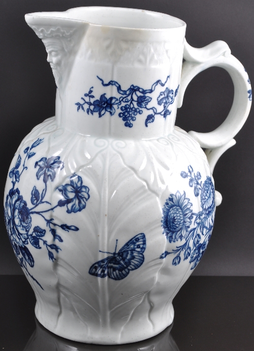 A large First Period Worcester blue and white cabbage leaf mask jug, printed Thorny Rose pattern,